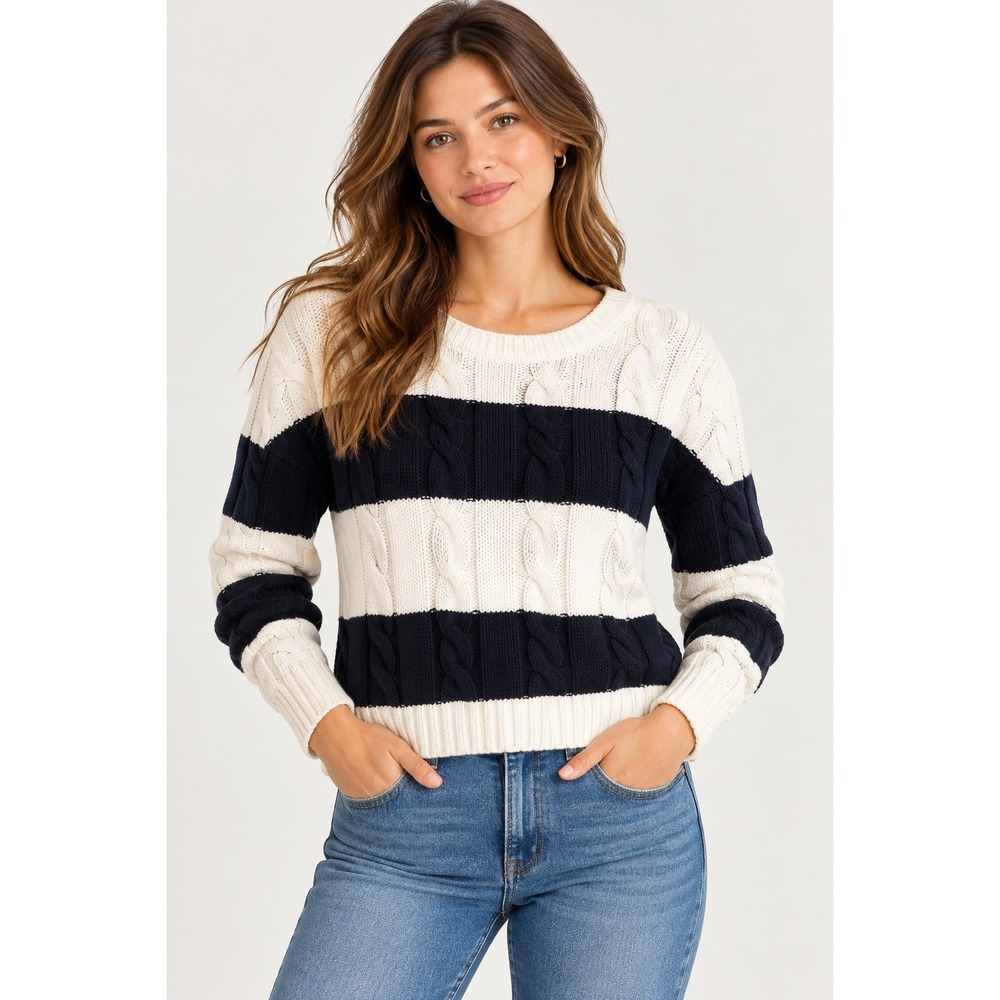 Streetwear Society Women Navy White Striped Cable Knit Sweater Small 05-4494